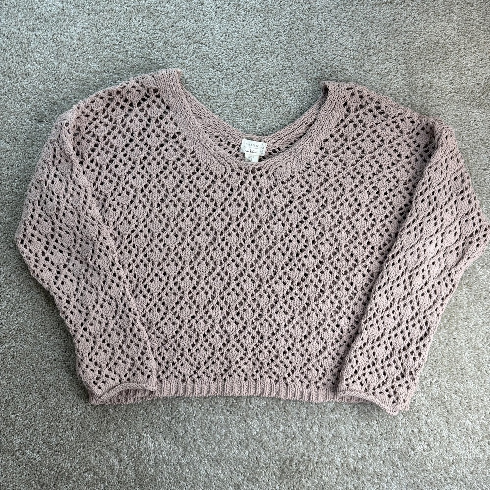 Nicole Miller Sweater Womens L Pink Open-Knit Crochet Short Sleeve Pullover